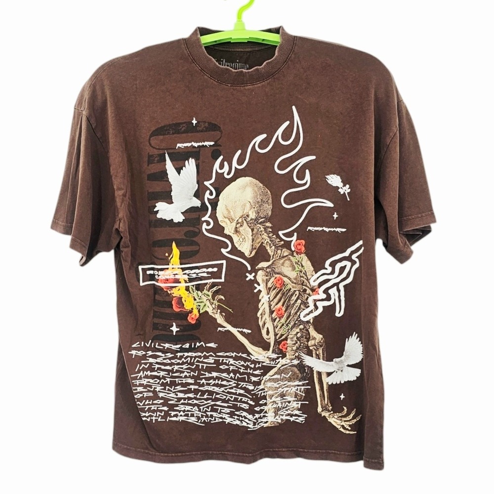 Civil Regime Brown Skeleton Dove Graphic Medium T-Shirt  Vintage Wash Streetwear